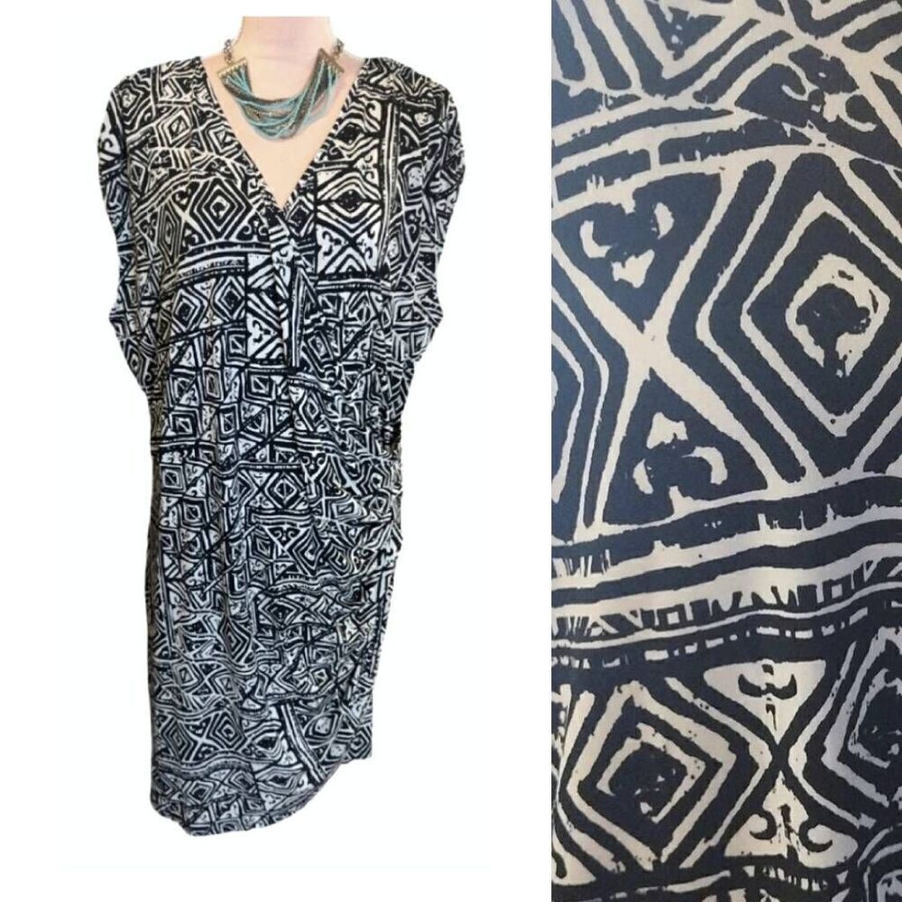 Miss Tina Black White Geo Print  Midi Faux‎ Wrap Dress Plus 3X Sleeveless